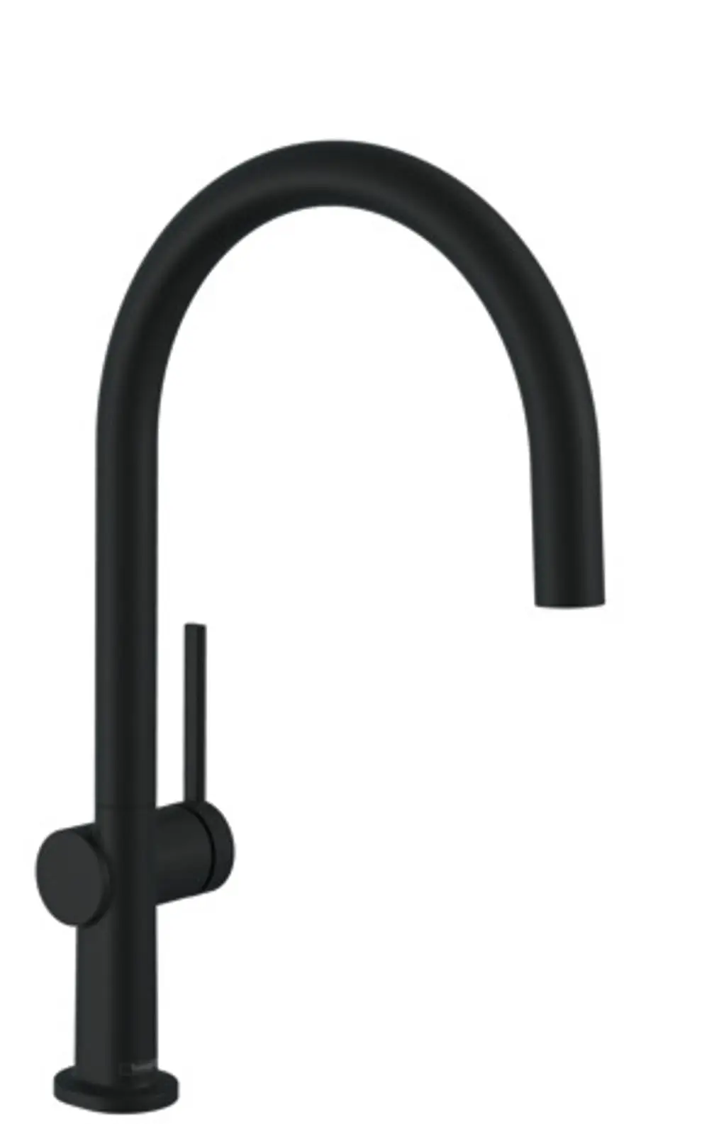 Spültischmischer in mattschwarz von Hansgrohe mit geschwungenem Auslauf und seitlichem Hebelmischer. Ideal für moderne Küchen.